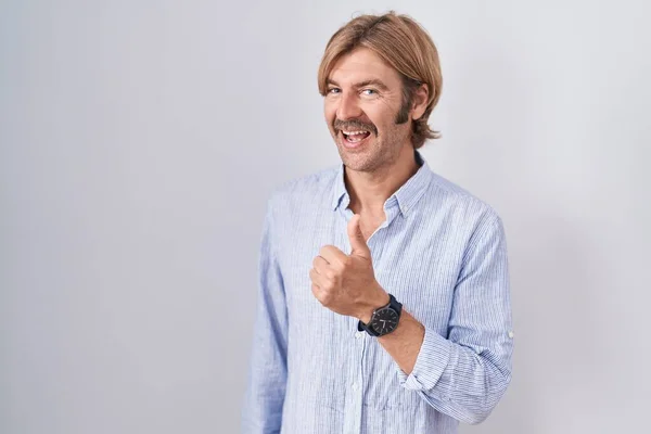 Caucasian Man Mustache Standing White Background Doing Happy Thumbs Gesture — Stock Photo, Image