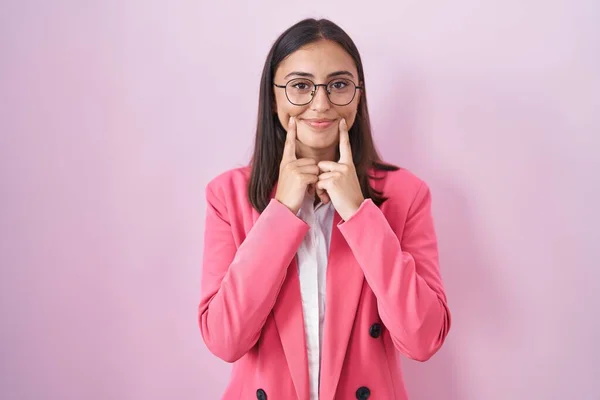 Young Hispanic Woman Wearing Business Clothes Glasses Smiling Open Mouth — Stockfoto
