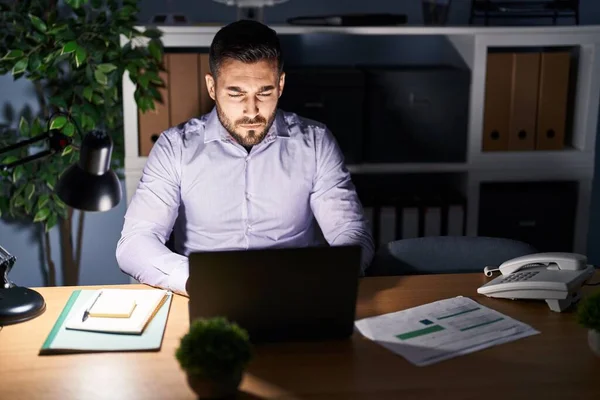 Young Hispanic Man Business Worker Working Overtime Office — Foto de Stock