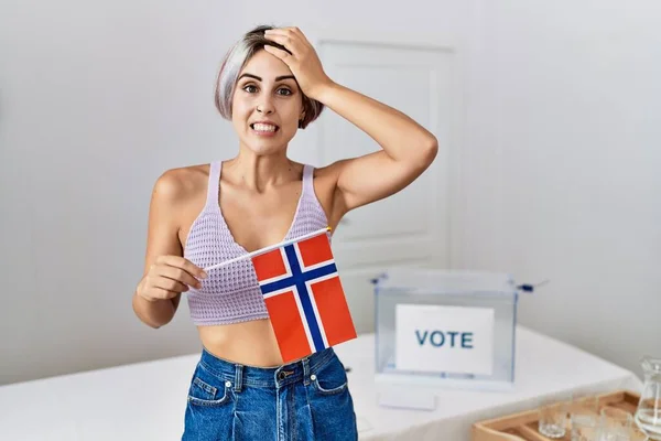Young Beautiful Woman Political Campaign Election Holding Norway Flag Stressed — Stock Photo, Image