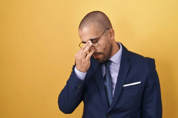 Hispanic Man Beard Wearing Suit Tie Tired Rubbing Nose Eyes — Stock Photo, Image