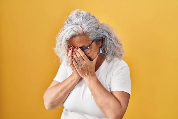 Middle Age Woman Grey Hair Standing Yellow Background Sad Expression — Stock Photo, Image
