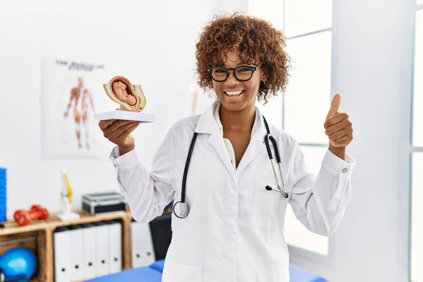 Junge Afrikanisch Amerikanische Ärztin Mit Anatomischem Modell Der Weiblichen Gebärmutter — Stockfoto