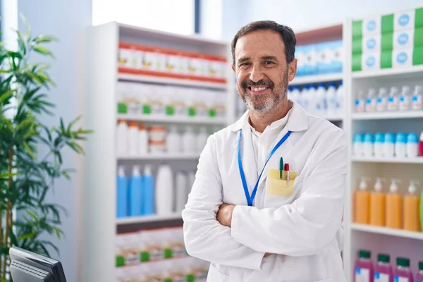 Middle Age Man Pharmacist Smiling Confident Standing Arms Crossed Gesture — Fotografia de Stock