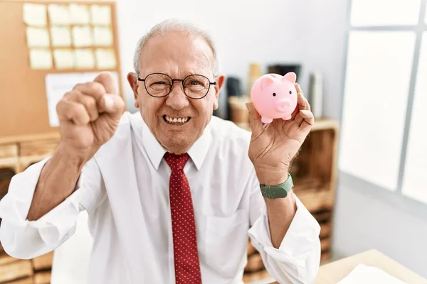 Senior Business Man Holding Piggy Bank Annoyed Frustrated Shouting Anger — Stock Photo, Image