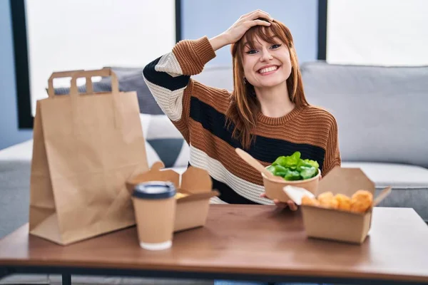 Young Beautiful Woman Eating Delivery Food Living Room Stressed Frustrated — Stockfoto