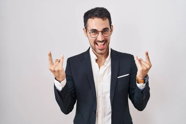 Handsome Business Hispanic Man Standing White Background Shouting Crazy Expression — 图库照片