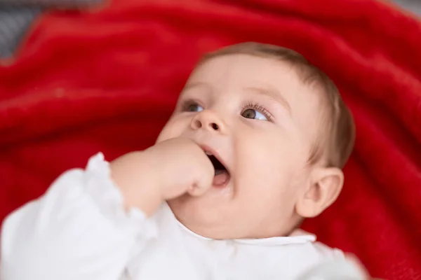 Adorable Toddler Lying Sofa Bitting Fingers Home — Stock Photo, Image