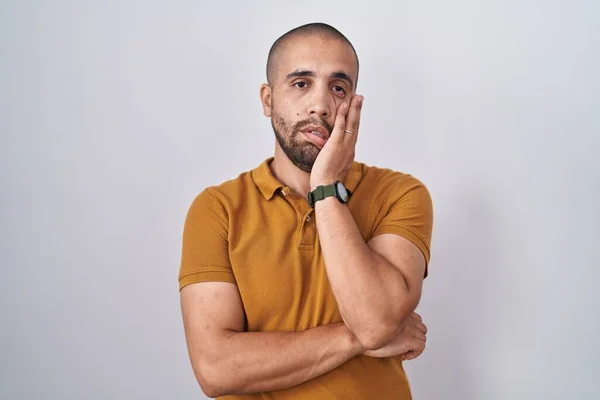 Hispanic Man Beard Standing White Background Thinking Looking Tired Bored — Stock fotografie