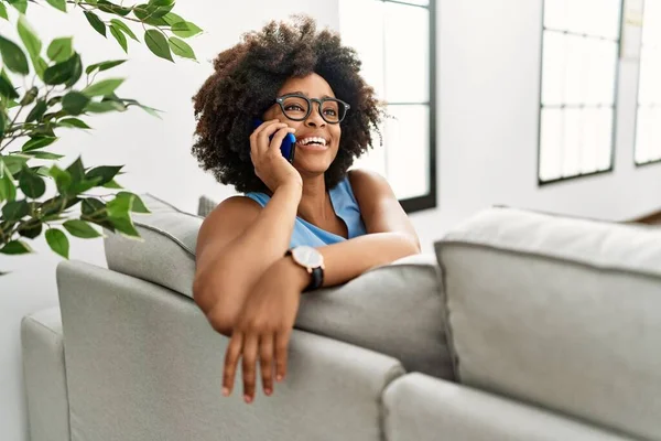 Young African American Woman Smiling Confident Talking Smartphone Home — Fotografia de Stock
