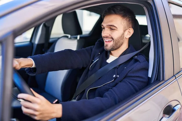 Young Hispanic Man Smiling Confident Driving Car Street — 스톡 사진