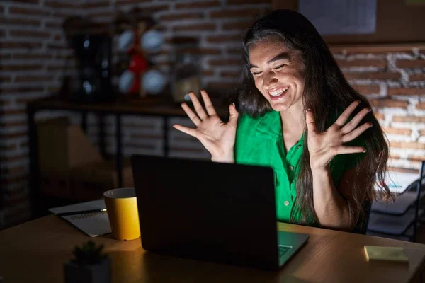 Young Teenager Girl Working Office Night Celebrating Mad Crazy Success — Stockfoto