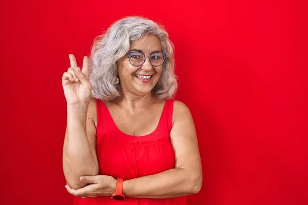 Middle Age Woman Grey Hair Standing Red Background Smiling Happy — Stock Photo, Image
