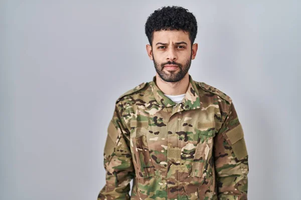 Arab Man Wearing Camouflage Army Uniform Relaxed Serious Expression Face — Stock Photo, Image
