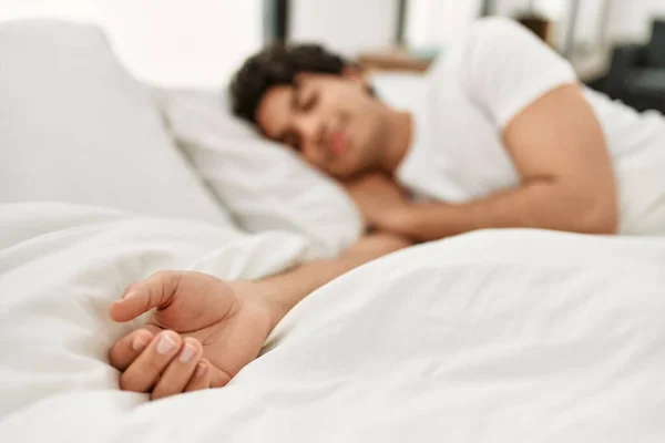 Young Hispanic Man Sleeping Lying Bed Bedroom — Stock Photo, Image