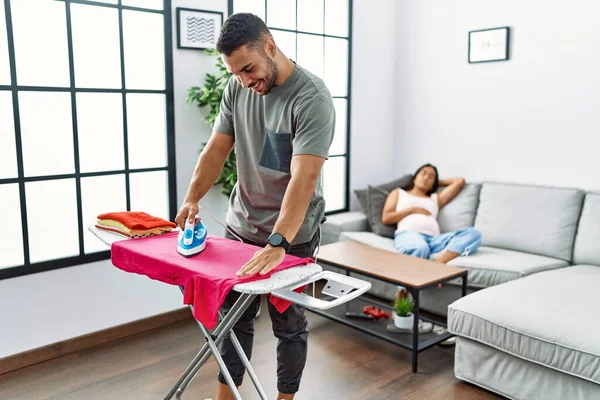 Latin Man Woman Couple Ironing Clothes While Pregnant Woman Rest — Stock Photo, Image