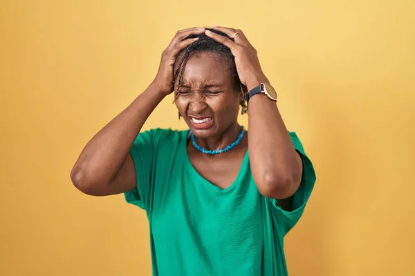 African Woman Dreadlocks Standing Yellow Background Suffering Headache Desperate Stressed — Fotografia de Stock