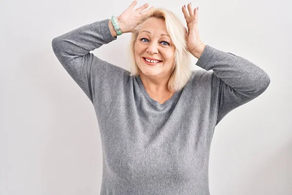 Middle Age Caucasian Woman Standing White Background Doing Bunny Ears — Stock Photo, Image