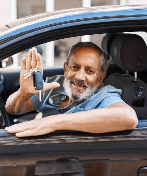 Senior Grey Haired Man Smiling Confident Holding Key New Car — Stock Photo, Image