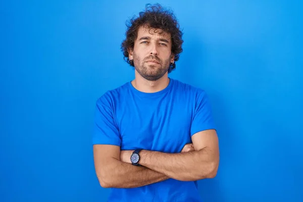 Hispanic Young Man Standing Blue Background Skeptic Nervous Disapproving Expression — Stock Photo, Image