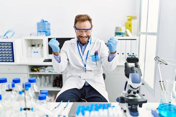 Middle Age Man Working Scientist Laboratory Very Happy Excited Doing — Stock Photo, Image