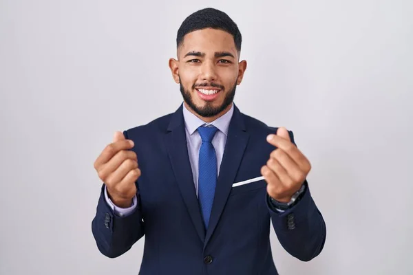 Junger Hispanischer Mann Business Anzug Und Krawatte Macht Geld Geste — Stockfoto
