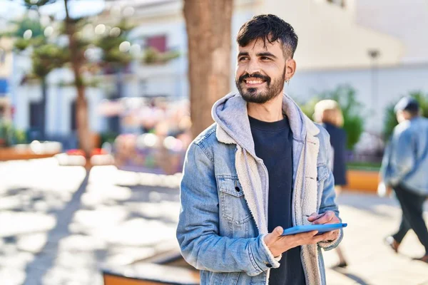 Young Hispanic Man Smiling Confident Using Touchpad Park — Stok fotoğraf