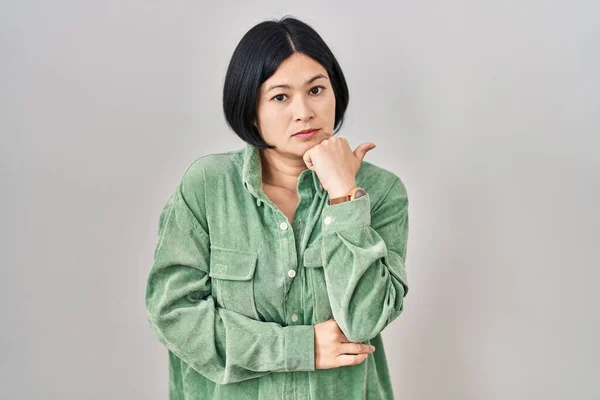 Young Asian Woman Standing White Background Looking Stressed Nervous Hands — Stok fotoğraf