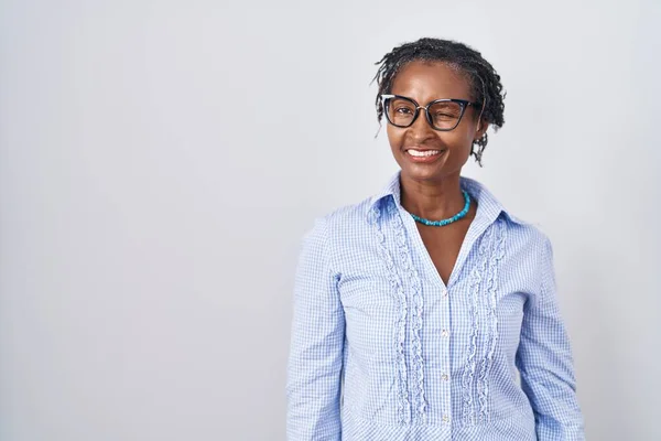 African Woman Dreadlocks Standing White Background Wearing Glasses Winking Looking — Stock Photo, Image