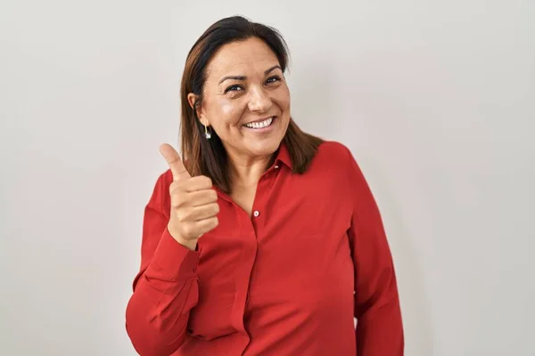 Hispanic Mature Woman Standing White Background Doing Happy Thumbs Gesture — Photo