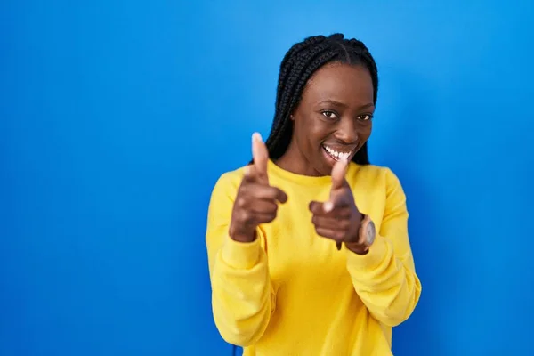 Beautiful Black Woman Standing Blue Background Pointing Fingers Camera Happy — Fotografia de Stock