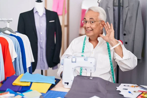 Middle Age Man Grey Hair Dressmaker Using Sewing Machine Smiling — Stock Photo, Image