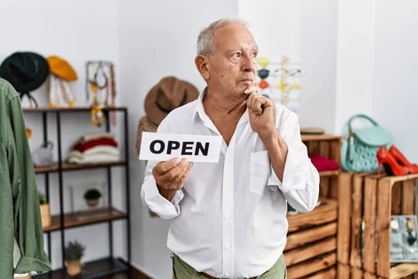 Senior Man Holding Banner Open Text Retail Shop Serious Face — Stock fotografie
