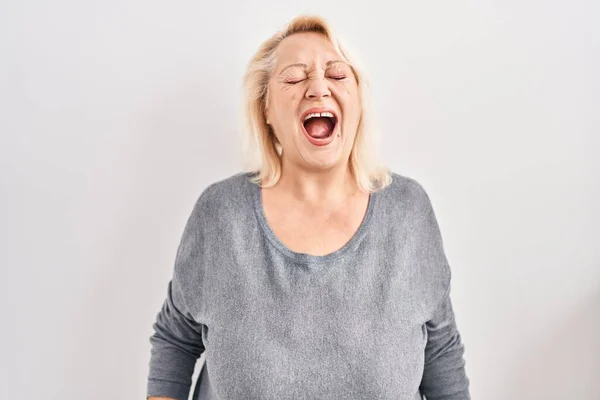 Middle Age Caucasian Woman Standing White Background Angry Mad Screaming — Fotografia de Stock
