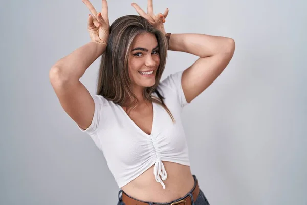 Young Beautiful Woman Wearing Casual White Shirt Posing Funny Crazy — Fotografia de Stock