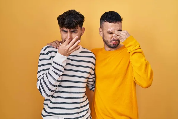 Sarı Arka Planda Dikilen Spanyol Eşcinsel Çift Pis Iğrenç Bir — Stok fotoğraf