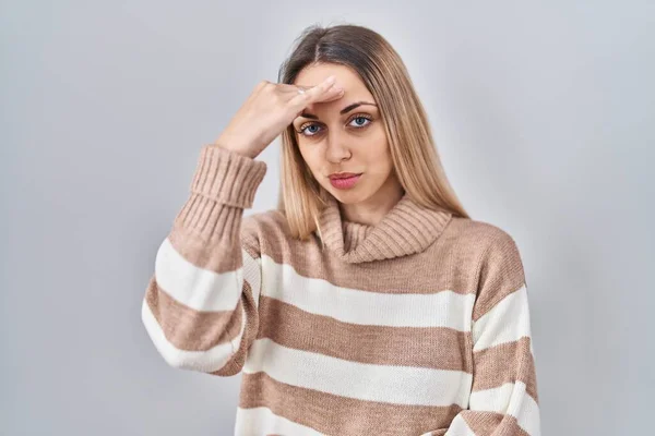 Young Blonde Woman Wearing Turtleneck Sweater Isolated Background Worried Stressed — Stock Photo, Image