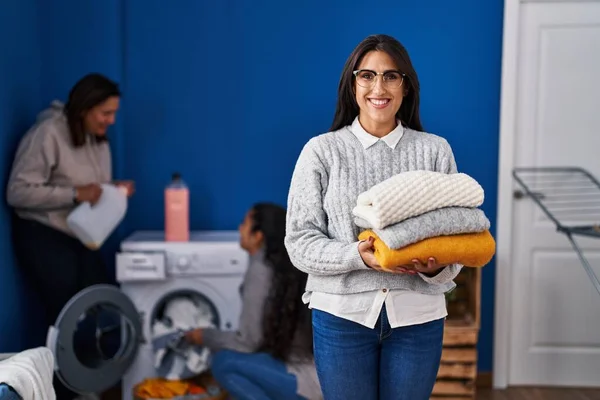 Three Women Doing Laundry Home Smiling Happy Cool Smile Face — Foto de Stock