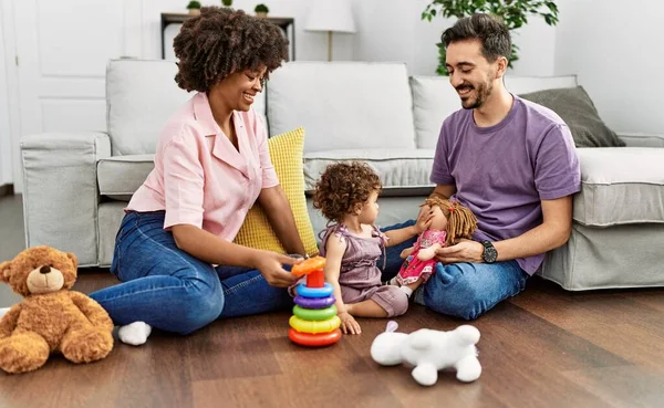 Couple Daughter Smiling Confident Playing Toys Sitting Floor Home — Stok fotoğraf