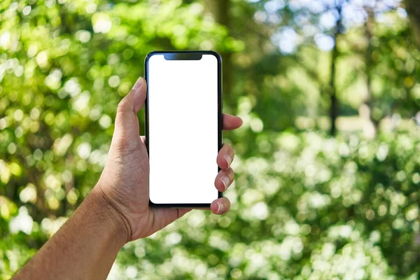 Homme Tenant Smartphone Montrant Écran Blanc Vierge Parc — Photo