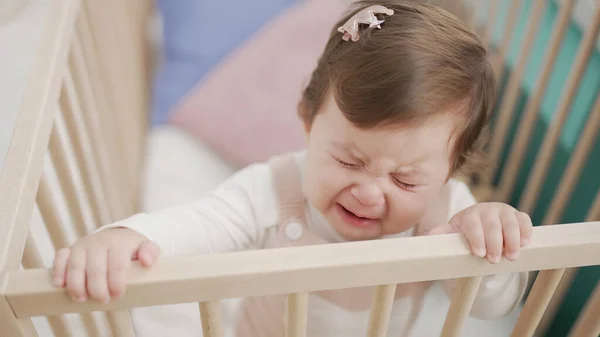 Adorable Toddler Standing Cradle Crying Bedroom — Fotografia de Stock