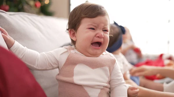 Adorable Toddler Sitting Sofa Christmas Tree Crying Home — Stock Photo, Image