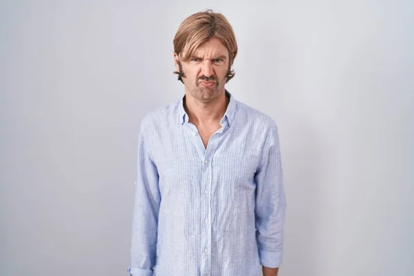 Caucasian Man Mustache Standing White Background Skeptic Nervous Frowning Upset — Stock Photo, Image