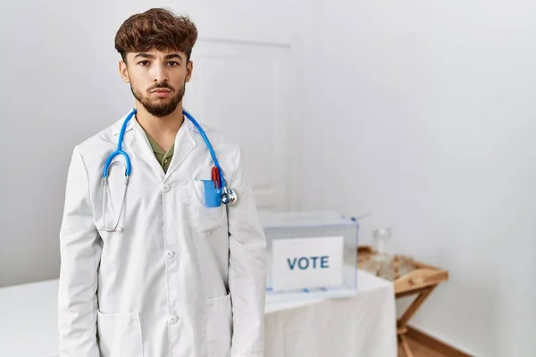 Young Arab Doctor Man Political Election Ballot Serious Expression Face — Stock fotografie