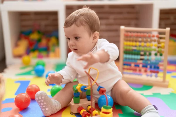 Adorable Toddler Playing Toys Sitting Floor Kindergarten — Stockfoto