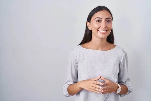 Young Hispanic Woman Standing White Background Hands Together Fingers Crossed — Stock Photo, Image