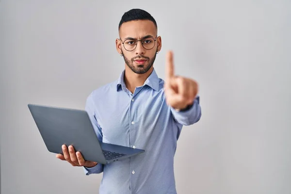 Young Hispanic Man Working Using Computer Laptop Pointing Finger Angry — Stok fotoğraf