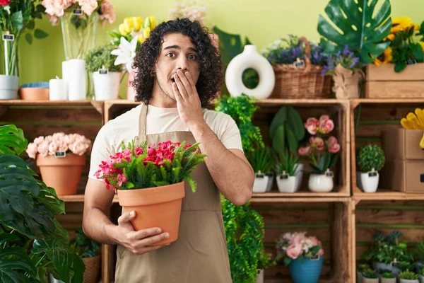가게에서 곱슬머리를 스페인 사람은 실수로 충격을 두려워하여 손으로 식물을 화분을 — 스톡 사진