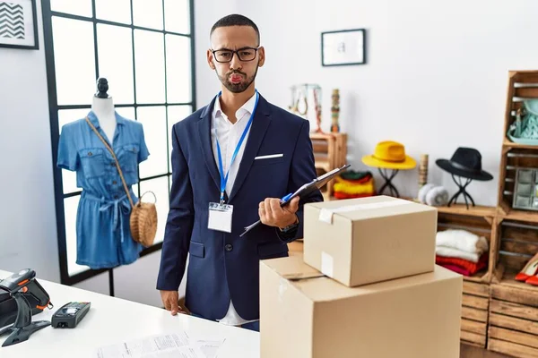 African American Man Working Manager Retail Boutique Puffing Cheeks Funny — Stock Photo, Image