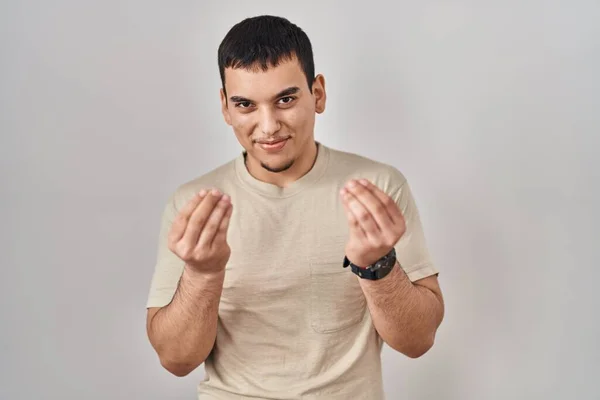 Young Arab Man Wearing Casual Shirt Doing Money Gesture Hands — Stock Photo, Image